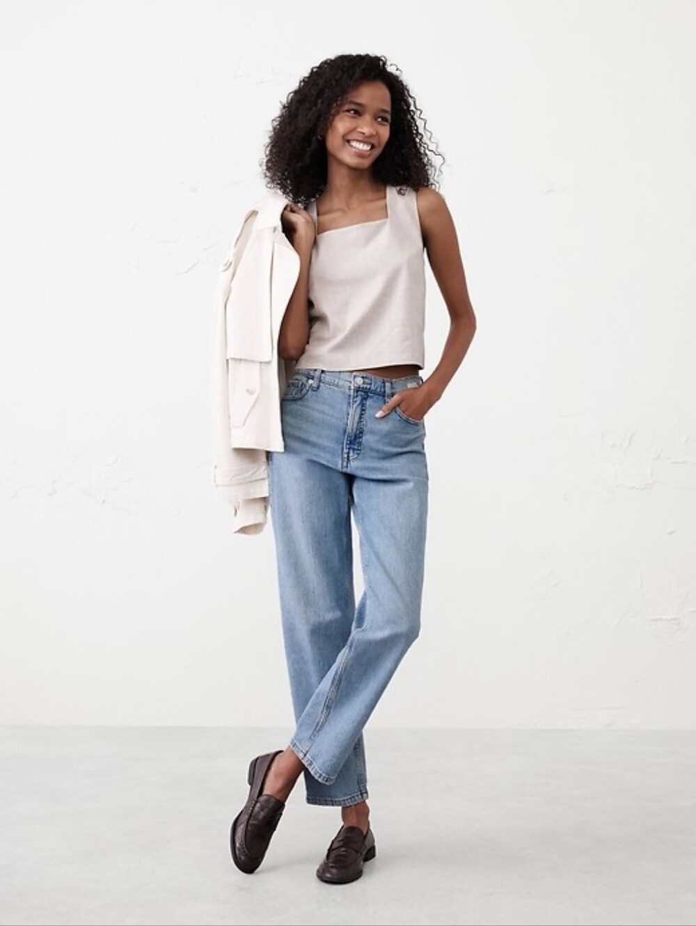 Banana Republic Linen-Blend Square Neck Top in Flax